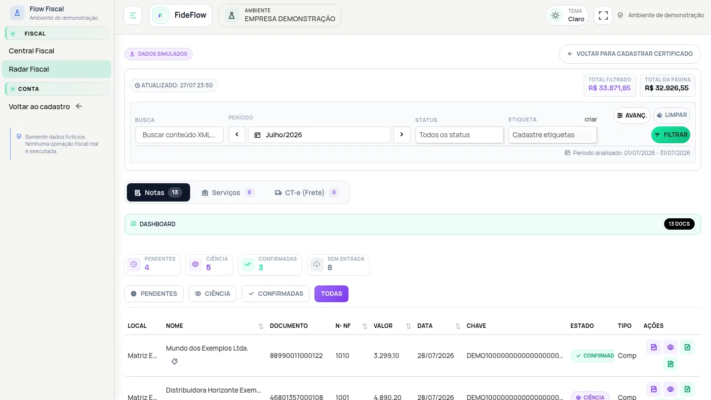 Radar Fiscal do FideFlow com filtros, status de manifestação e lista de documentos recebidos